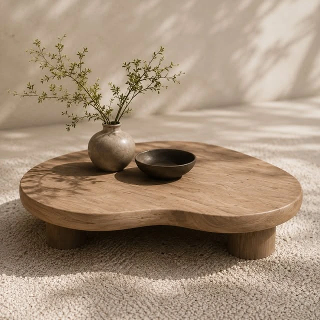 Sculptural wooden table with ceramic accessories